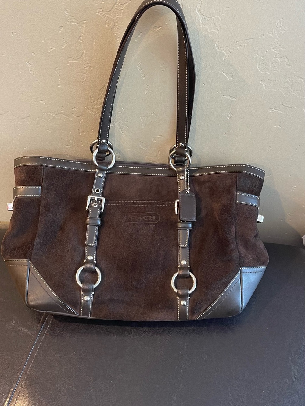 Coach Dark Brown Suede Shoulder Bag with Leather Trim y2k turnlock belt detail